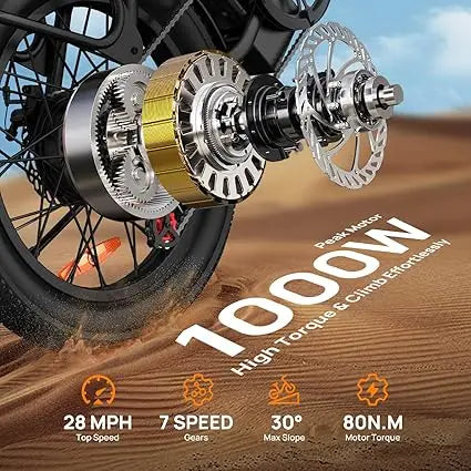 1000W Electric Bike, 28MPH, 20''X3" Fat Tire, 7-Speed Dual Disc Brake