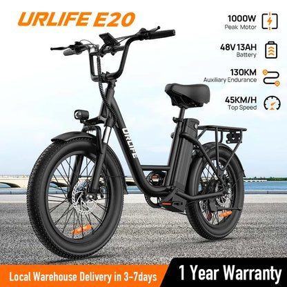 1000W Electric Bike, 28MPH, 20''X3" Fat Tire, 7-Speed Dual Disc Brake