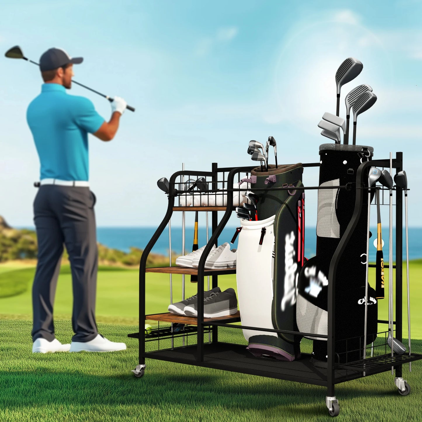 Multifunctional Rolling  Shelf Metal Sports Equipment Organizer