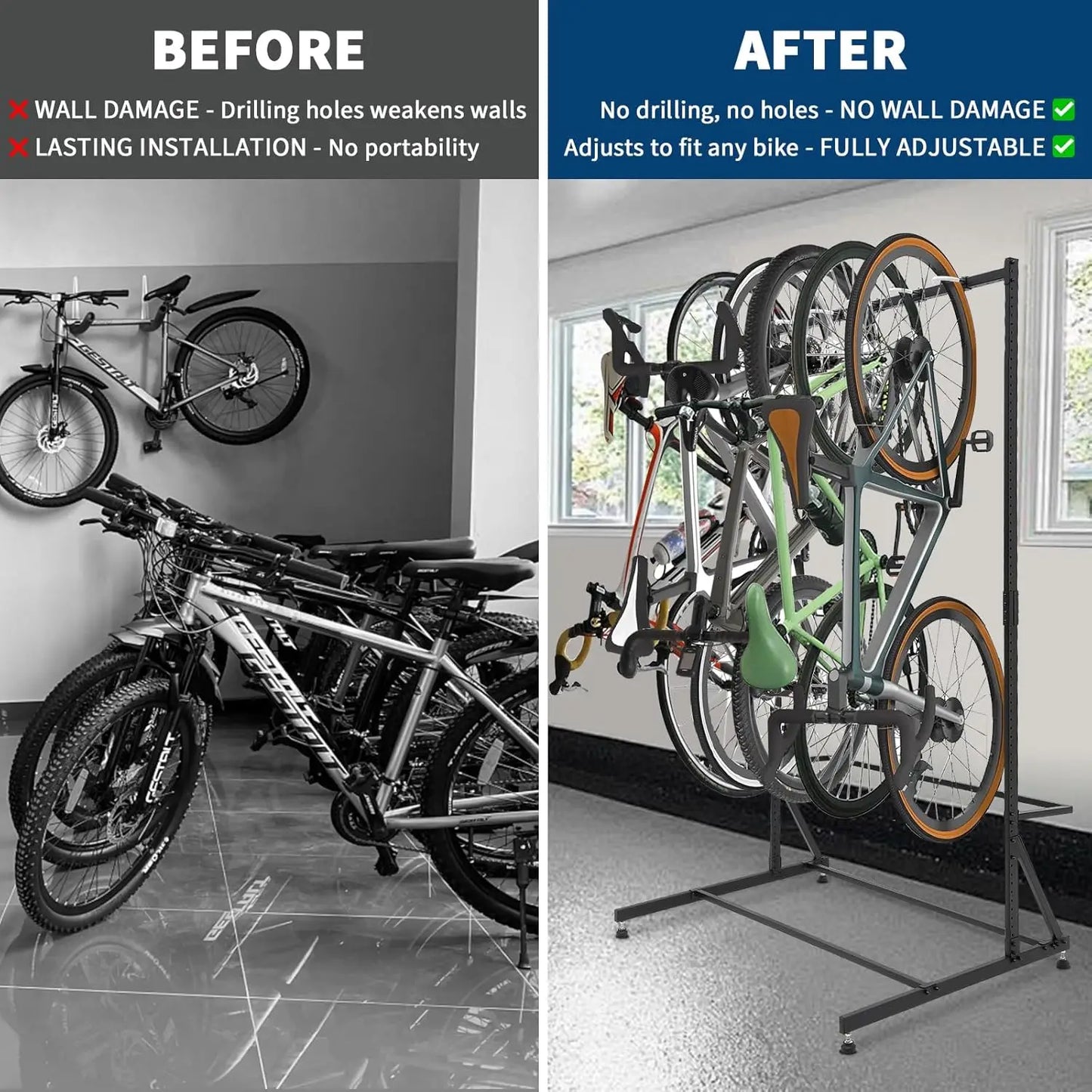 5 Bike Storage Rack Vertical Adjustable Height, Up to 300Lbs