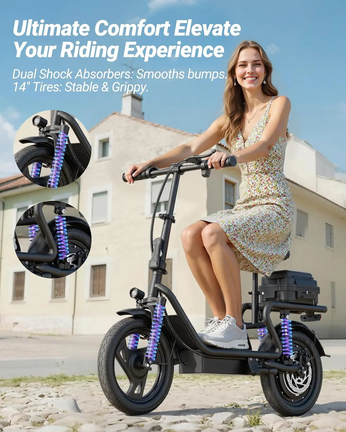 AOVORPO Electric Scooter for Adults,14" Tires, Up to 22Mph, 500W Motor, 28 Miles Max Range, Folding E-Bike with Dual Suspension