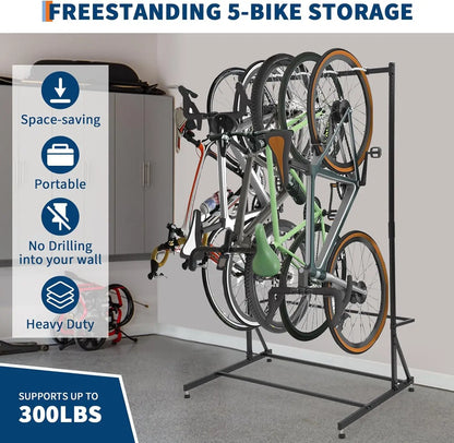 5 Bike Storage Rack Vertical Adjustable Height, Up to 300Lbs