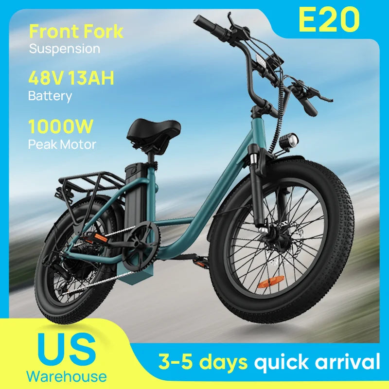 1000W Electric Bike, 28MPH, 20''X3" Fat Tire, 7-Speed Dual Disc Brake