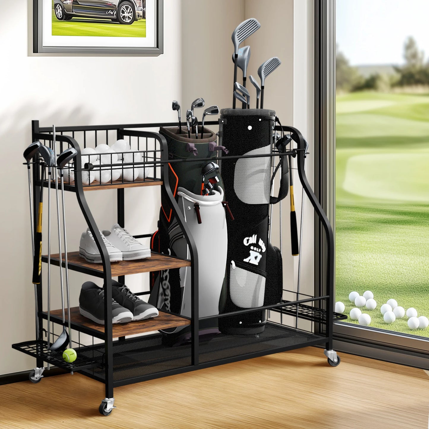 Multifunctional Rolling  Shelf Metal Sports Equipment Organizer