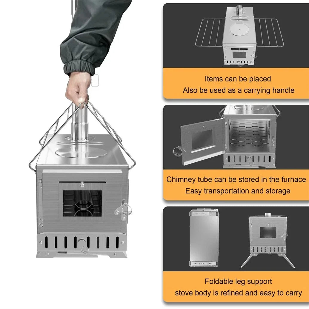 Wood Burning Portable Tent Stove With 6 Stainless Chimney Pipes