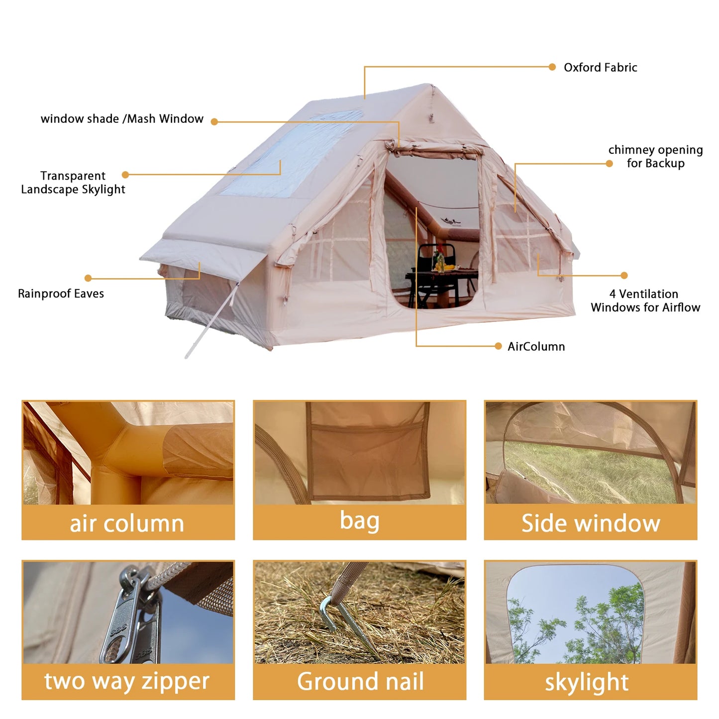 Inflatable Tent With Skylight, Quick Setup With Pump, Outdoor Family Luxury Tent